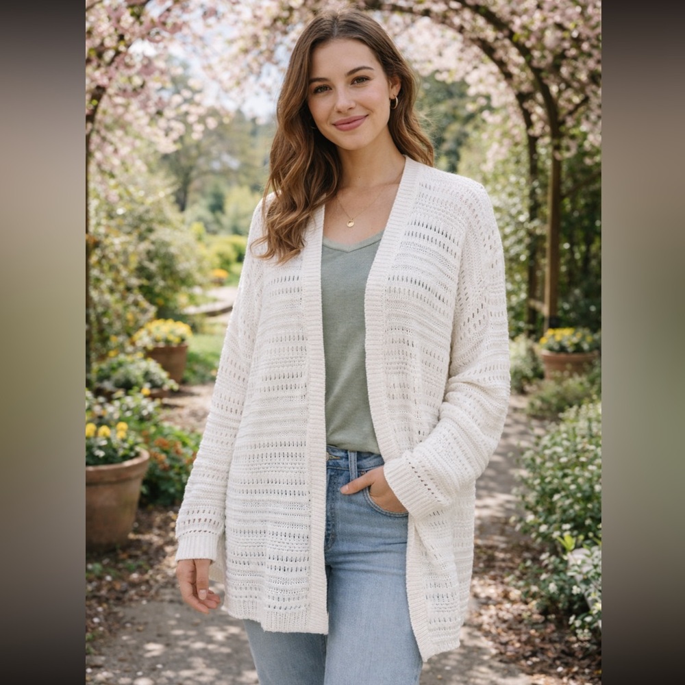 NWOT Garage Womens Knit White Open Pointelle Cardigan organic cotton Size M/L